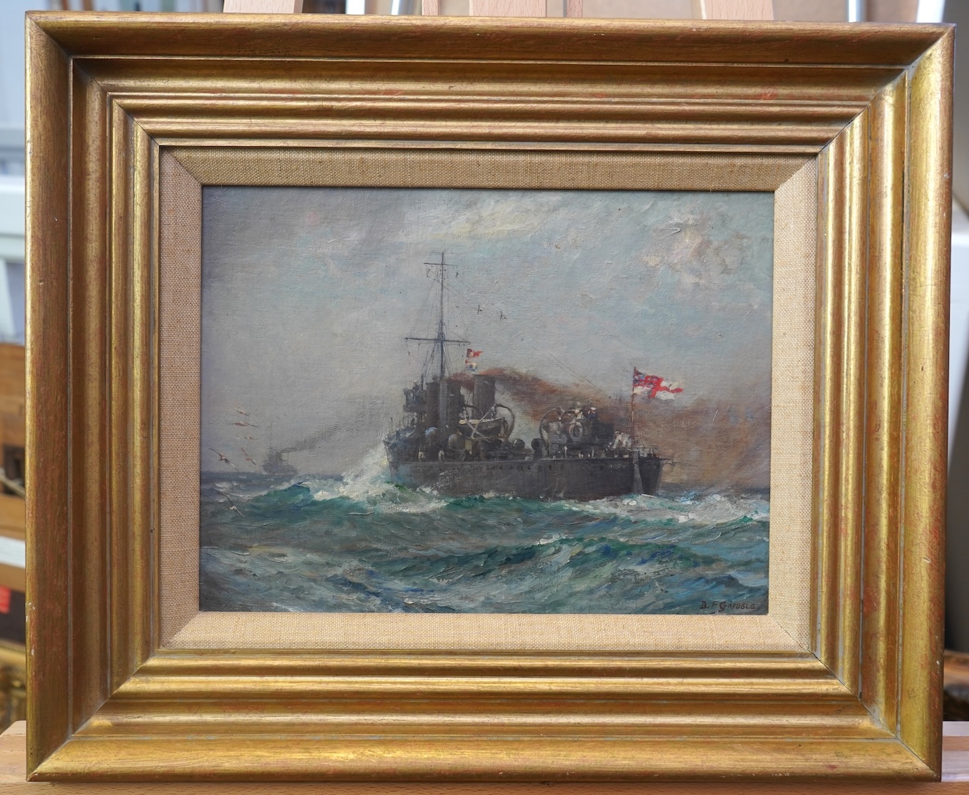 Bernard Finegan Gribble (1872-1962), Warships at Sea, signed lower right, oil on board, 22cm x 29cm